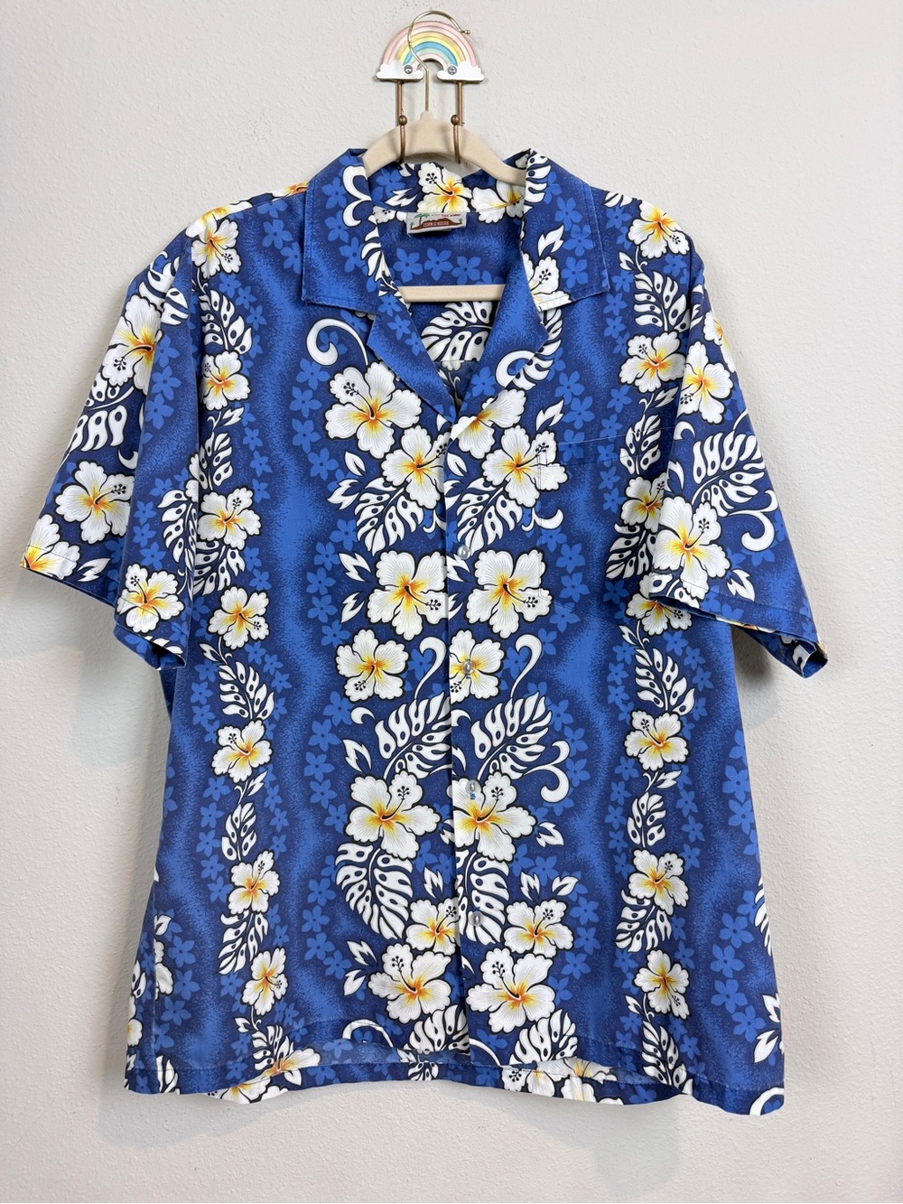 Vintage Evergreen Island Blue Floral Hawaiian Button-Down Shirt XL